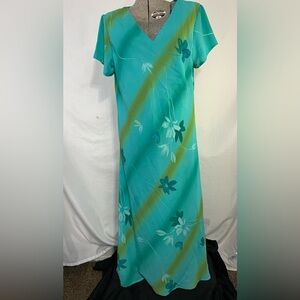 A WILD THYME Maxi Dress Women SZ 18 Blue Floral Asymetric Hem‎ VTG 90's Tropical